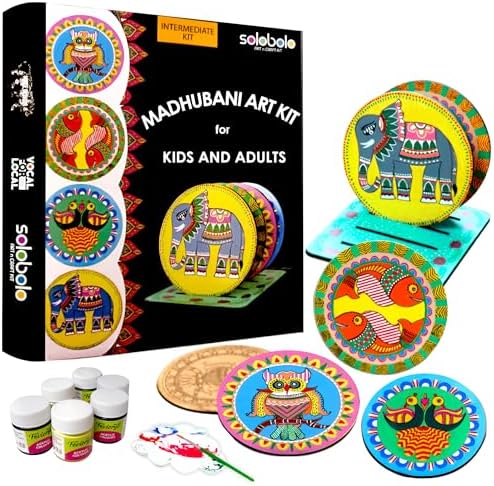 SOLOBOLO Madhubani Painting Kit Tea Coasters with Stand - Art and Craft kit for Girls 9-12, Coaster DIY Craft Kit, Painting kit for Kids 6-12, Gift for Children's (Multicolour Wood)