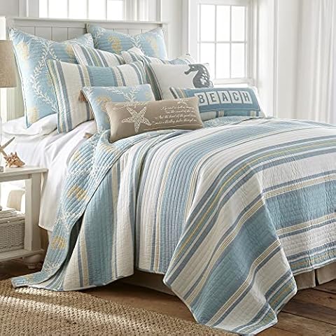 Levtex Home - Kailua Quilt Set - King Quilt + Two King Pillow Shams - Stripe - Blue Teal Taupe Cream - Quilt (106x92in.) and Pillow Shams (36x20in.) - Reversible - Cotton Fabric Cover