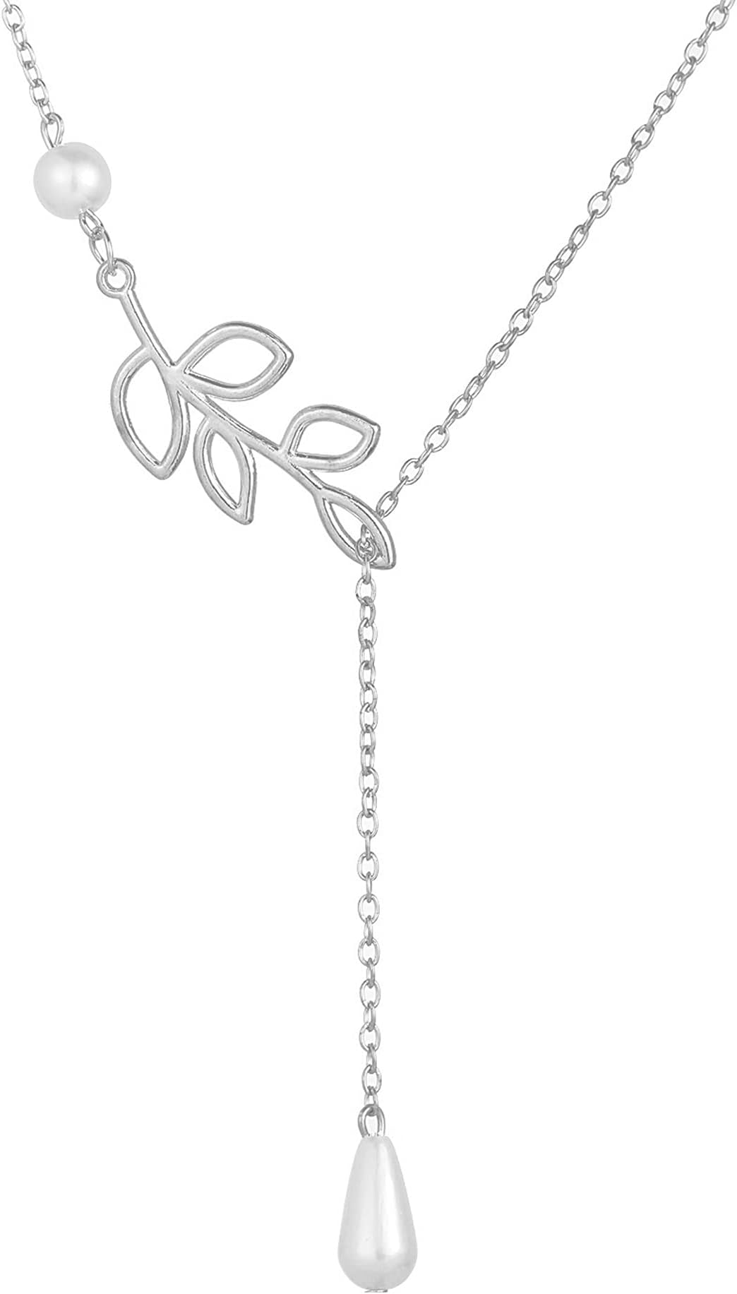 Simple Freshwater Pearl Leaves Pendant Silver Thin Chain Y Necklace for Women and Girls,Handmade Unique Necklace,Gift for her,Party,Daily Life,Anniversary,Birthday,Valentine's Day