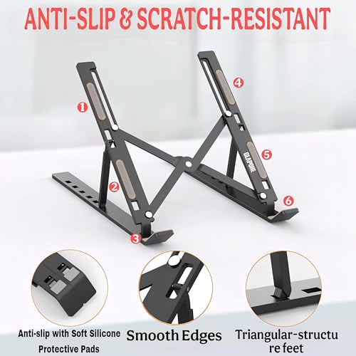 Image of CLAPONE Premium Metal Laptop Stand Foldable, Aluminum Note Book Stand Portable Any Laptop Stand Adjustable Height /OverHeating Protection Laptops /MacBooks /Table and Many More (Metallic Black, MLS002)