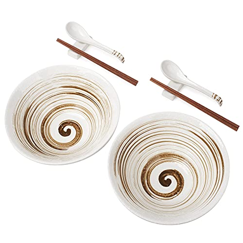 Ceramic Japanese Ramen Bowl Set of 2 (48 Oz) for Noodle and soup, with a pair of Matching Spoon, Chopsticks and spoon holders (8 Pieces) for Udon Soba Pho Asian Noodles, 9 Inches Diameter, White
