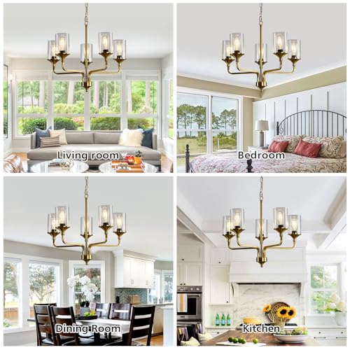 Image of Gold 5-Lights Glass Chandelier Rustic Metal Pendant Lighting Ceiling Light Fixtures Hanging for Farmhouse Kitchen Living Room Foyer Dining Room.
