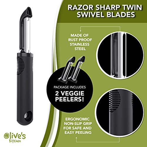 Olive's Kitchen Vegetable Peeler Set – Ergonomic Grip Peelers For Kitchen W/Razor-Sharp Swivel Blades - Stainless Steel Fruit Peeler For Potato, Apple, Carrot, Cucumber - Veggie Peeler (2 Pack) #TOP2