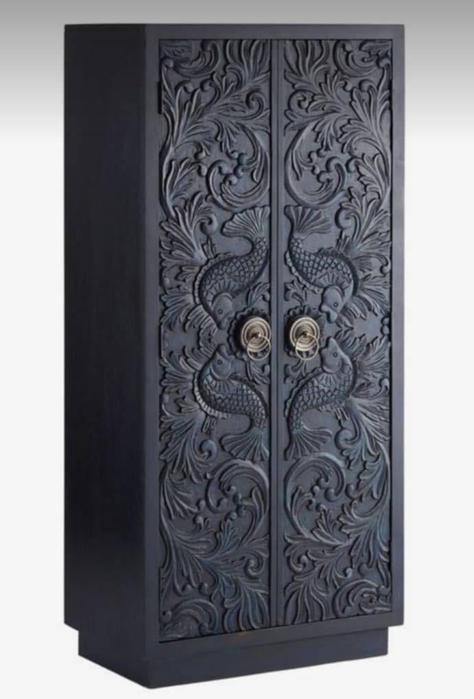 Nazar Art & Craft Solid Wooden Carved Wardrobe | Wooden Almirah | Cupboard for Living Room, Hall, Bedroom | Black Finish-image-18