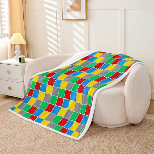 Image of Erosebridal Geometric Checkered Sherpa Blanket Colorful Checkerboard Fuzzy Plush Throw Rainbow Plaid Fleece Blanket for Kids Boys Girls,Red Blue Green Yellow Grids Decor for Bed Couch Throw 50 inchx60 inch