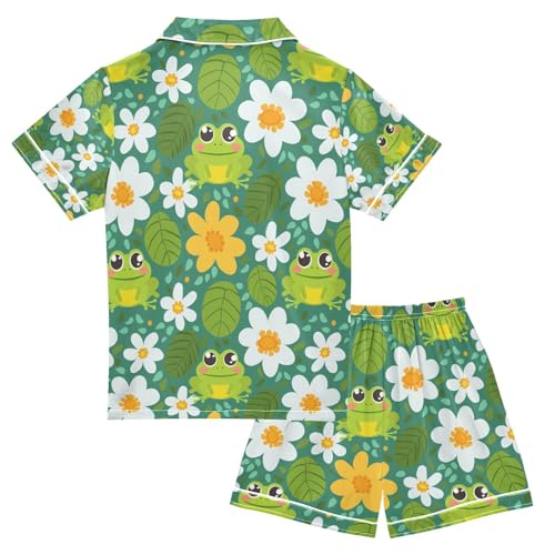 senya Cute Frog Flower with Leaf Satin Summer Pajama Sets Silk Short Sleeve Button Down Sleepwear2