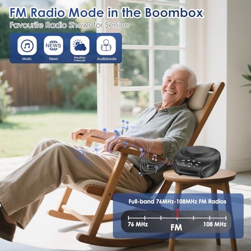 Gueray Tragbarer CD-Player Boombox Kompakt-Radio mit Stereo-Lautsprechern UKW-Radio 3,5-mm-AUX-Eingang… – Ansicht 5