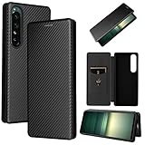 Pelanty for Xperia 1 IV ケース 手帳型 炭素繊維調 SO-51C SOG06 携帯カバー 背面カバー 軽量 薄型 財布型 カード収納 ソニー エクスペリア1iv 第4世代 so51c スマホケース マグネット ストラップ付き 耐衝撃 全面保護-ブラック