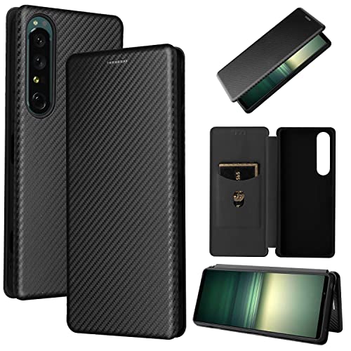 Pelanty Xperia 1 IV ケース 手帳型 炭素繊維調 Sony Xperia 1 IV 携帯カバー SO-51C SOG06 背面ケース 軽量 薄型 財布型 カード収納 ソニー エクスペリア 1 IV so51c スマホケース マグネット ストラップ付き 耐衝撃 全面保護-ブラック
