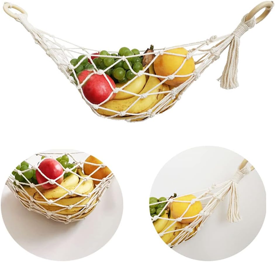 Fruit Hammock Hanging Fruit Basket for Kitchen Under Cabinet Kitchen Decor Macrame Boho Modern Vegetable Basket, No hook