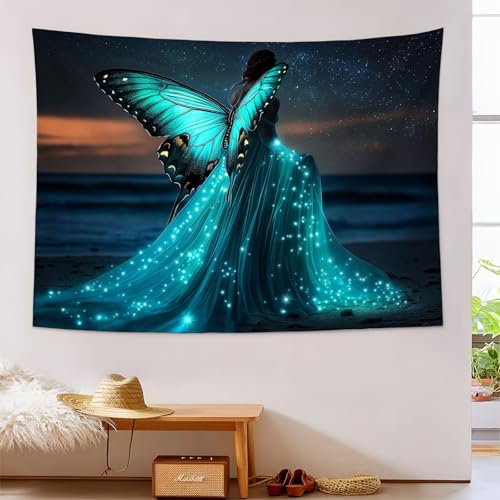 Tapiz de mariposa turquesa con misterioso patrón estético para pared de dormitorio (150x200cm)