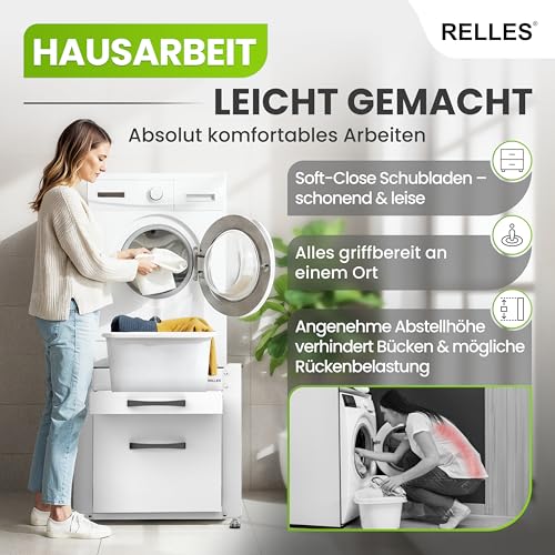 RELLES Untergestell mit Schublade und Ablage, 500 kg Tragkraft, Unterbau aus Stahl, 62x62x57,5 cm (LxBxH), Podest für Waschmaschine und Trockner, Unter Schrank Erhöhung, Höhenverstellbare Füße