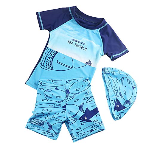 Boys Swimsuit Sets,2-Piece Cartoon Printed Toddler Rashguard with Cap UPF 50+ Sun Protection Swimwear Set 3-4T Blue