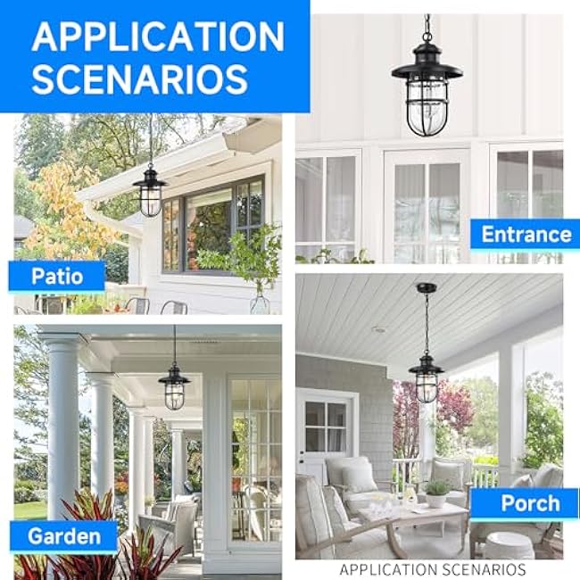 Outdoor Pendant Lights for Porch, Black Exterior Hanging Lanterns Chandelier with Tempered Seeded Glass, Outdoor Ceiling Lights Fixtures for Front Patio Door Entrance Entryway