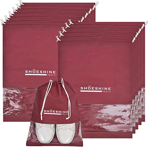 SHOESHINE Fabric Portable Shoe Storage Cover Bag/Pouch/Organizer - Pack of 12; Maroon