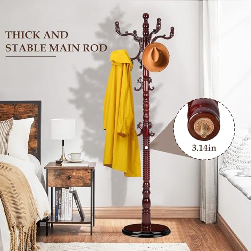 Wood-Coat-Rack-Freestanding-Natural-Coats-Tree-Stand-with-14-Hooks-73-Sturdy-and-Easy-Assembly-Coat-Rack-Stand-for-Entryway-Hallway-Bedroom-Bags-Hats-Heavy-duty-Disc-Base-Rosewood Wood Coat Rack Freestanding Natural Coats Tree Stand with 14 Hooks 73 Sturdy and Easy Assembly Coat Rack Stand for Entryway Hallway Bedroom Bags Hats Heavy duty Disc Base Rosewood