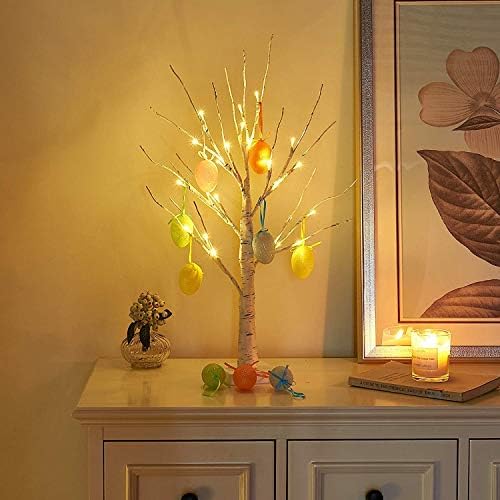 Eambrite Easter Egg Tree with Lights Timer Battery Operated White Twig Tree with Easter Decorations Decor for Home and Party (60cm/2ft)