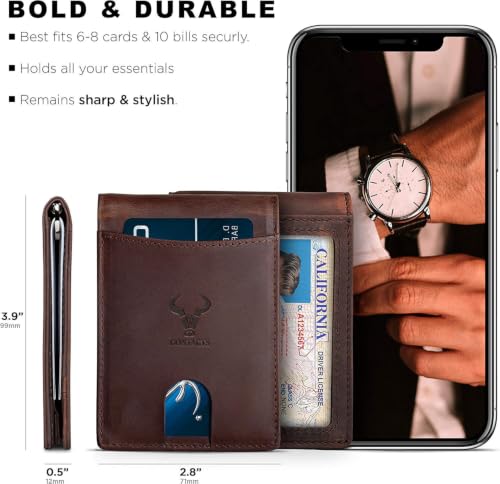 Image of Contacts Genuine Leather Money Clip Wallet Slim Front Pocket RFID Blocking Card Holder Minimalist Mini Bifold for Men's with Smart Pull Strap 8 Card Slots Photo ID (Brown)