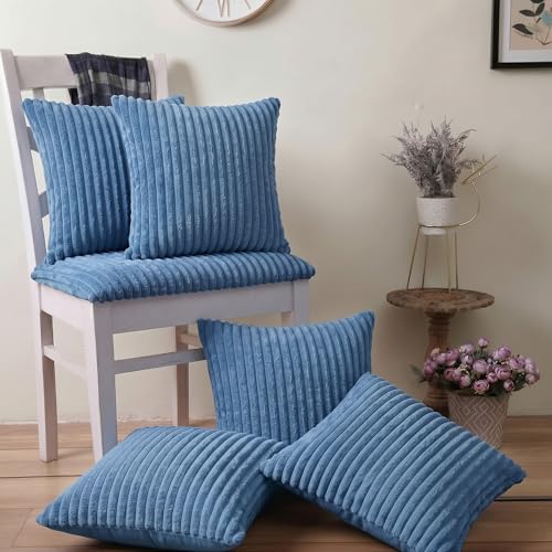 Image of Yellow Weaves Pencil-Stripe Fur Cushion Covers | Soft Polyester | Decorative Sofa & Throw Pillow Covers | 16x16 Inches, Pack of 5 (Sky Blue)