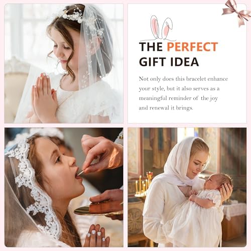 Jesvo First Communion Gifts for Girls, Pearl Cross 1st First Holy Communion Bracelet Tween Catholic Christian Religious Jewelry for Teens Teenage Kids — view 5