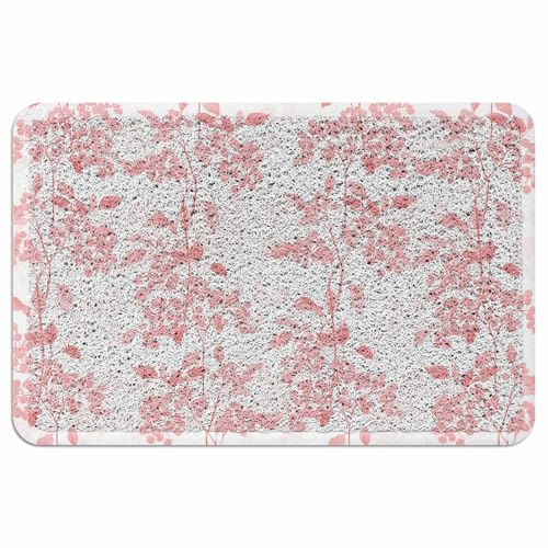 Ooomigasusi 玄関マット 和風 ピンク 花 植物 ホワイトバック ドアマット 45×75cm 屋内 屋外 ループ状 泥落とし 滑り止め付 吸水 足ふき 洗える 業務用 自宅用 厚手 浴室 お風呂 円角長方形 丈夫 抗菌 防臭