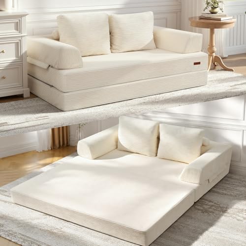 Image of COMAX Futon Sofa Bed, Convertible Sofa Bed, Folding Boneless Couches | Boneless Couch for living room, 4‑in‑1 Fold Out Small Foldable Loveseat Floor Sleeper Mattress Lounge Space‑Saving, Beige