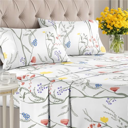 Image of King 4 Piece Floral Sheet Set - Soft, Breathable & Cooling - Wild Flower | 1 Flat, 1 Fitted & 2 Pillowcases w / Deep Pockets, Boho Botanical Floral Bedding, Breathable & Cooling, Wrinkle & Fade Free