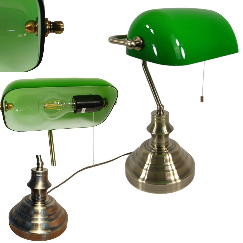 Dapo Bankerslampe Schreibtischleuchte mit Zugschalter Fassung E27 Bürolampe altmessing Schirm grün Arbeits-Nachttisch-Tisch-Lampe-Leuchte Nostalgielampe