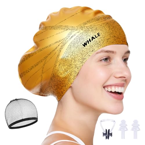 WHALE Extra Large Swim Cap Designed for Men and Women with Thick, Long Hair, Hair Extensions Or Afro-Textured Hair Long-Hair Swim Cap Highly Waterproof to Keep Hair Dry (Gold)