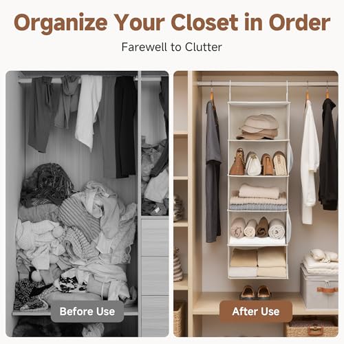 StorageWorks Hanging Closet Organizer, 5-Shelf Hanging Shelves with 2 Hooks, Foldable Space-Saving Design, Closet Organizers and Storage for Bedroom, Dorm, Locker, White & Ivory - Image 6