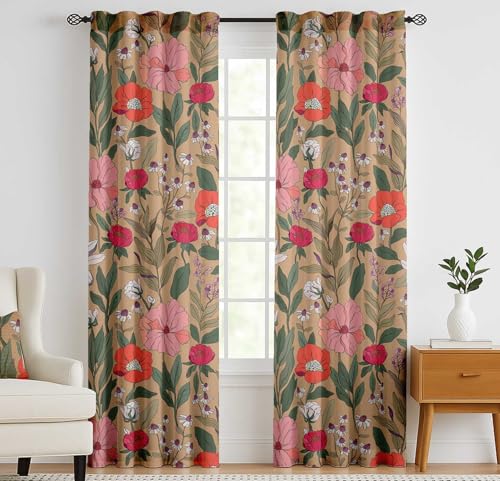 Vargottam Extra Long Cotton Curtains - 108" Length Drapes for High Ceilings or French Doors - 52"x108", Light Filtering Rod Pocket/Back Tab Drapes, Set of 2 Panels - Floral Design (Beige)
