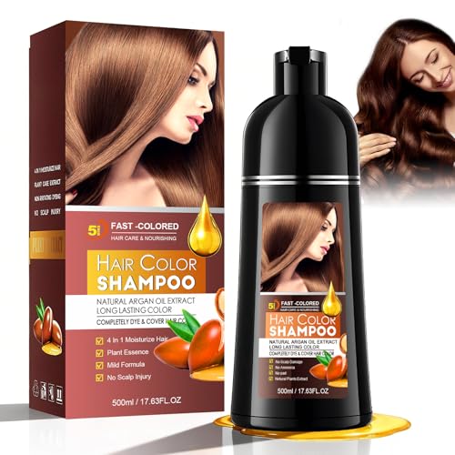 500ml Champú Colorante Castaño 4 en 1 con Aceite de Argán,Hair Dye Shampoo,Champú Tinte Cubre Canas,Nutre Y Protege El Cabello,Cubre Canas Fácil y Rápido Para Hombres y Mujeres (Castaño)