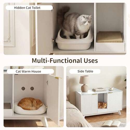 Image of Double Cat Litter Box Enclosure for 2 Cats,Fluted Hidden Litter Box Furniture with Litter Collector & Scratch Pad,47 inch Large Enclosed Cat Cabinet,Cat House for Living Room,White with Marble Top