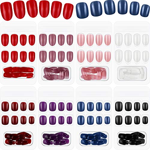 192 Pieces 8 Sets Solid Color Short Square Oval Press on Nail 2 Kinds Glossy False Nail Round Full Cover False Nail Artificial Nail Tip with 8 Sheets Glue Nail Stickers for Nail Decor (Bright Color)