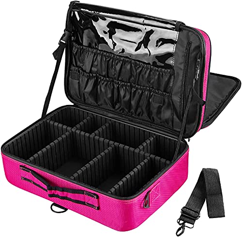 Image of Adson Large Makeup Bag 3 Layers Professional Train Cosmetic Bag Makeup Organizer Case Portable Artist Storage Brush Box with Adjustable Dividers and Strap for Makeup Accessories (Pink)