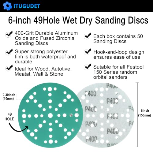 Image of 6 Inch 49 Hole Wet Dry P400 Grit Sanding Discs - 50 Pack Box | Fits Festool ETS / RO 150 Sanders, Zirconia Heavy-Duty Hook & Loop Film Sandpaper for Wood, Auto, Metal, Paint, Body & More