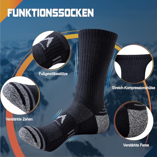 Niorasen Wandersocken Herren, 3 Paar Atmungsaktiv Gepolsterte Sportsocken Baumwolle, Anti Blase Funktionssocken Arbeitssocken, Dicke Outdoor Socken für Trekking, Tennis, Laufen, Schwarz 43-46