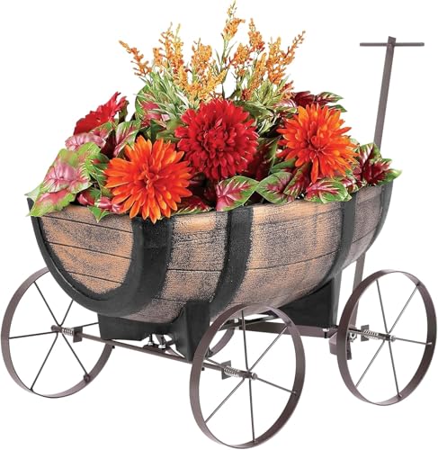 STREND PRO Fioriera Carretto Whisky Barrel | Carriola da Giardino con Effetto Legno | Fioriere da Esterno | Decorazione da Giardino Vintage | Vaso da Fiori Rustico con Ruote | per Piante