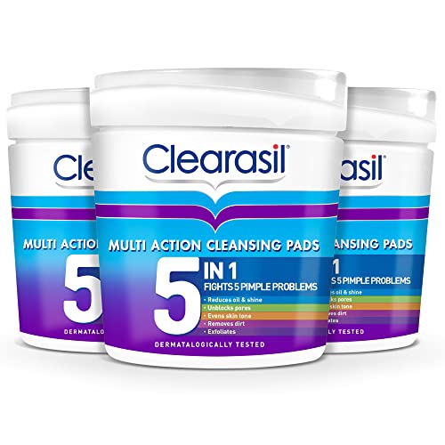 Clearasil 5-In-1 Multi-Action Cleansing Salicylic Acid Pads Face Exfoliating For Acne Prone Skin Unblock Pores Reduces Blackheads Pimples & Excess Oil Everyday Spot Prevention 65 Each x 3