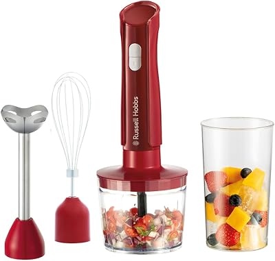 Russell Hobbs Mixeur plongeant [3 en 1 : mixeur, fouet, hachoir] Blender Rouge (bol 600 ml, smoothies, soupes, sauces, dips, lames en acier inoxydable, lavables au lave-vaisselle, sans BPA) 27142-56