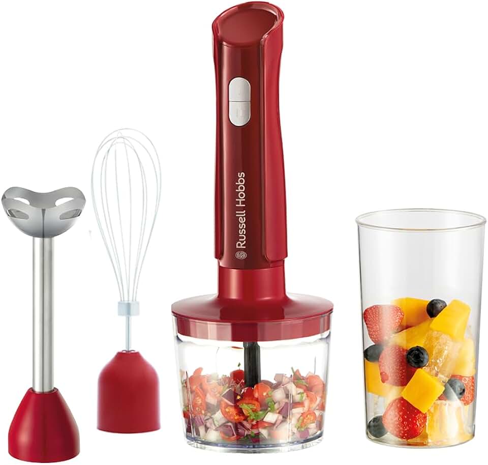 Russell Hobbs Batidora de mano [3 en 1] Desire Red (Triturar, Batir y Picar, Recipiente 500 ml + Vaso 600 ml, Acero inoxidable, 2 Velocidades + Pulso, Sin BPA, Accesorios Aptos Lavavajillas) 27142-56