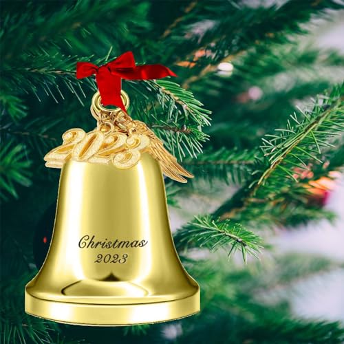 Campana de Navidad dorada de metal, decoración anual para árbol de Navidad 7