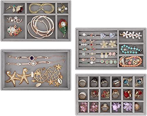 U HOOME 4 Pack Stackable Jewelry Organizer Trays for Drawers Jewelry Display Case Storage Container for Earring Necklace Rings Bracelet with Removable Dividers (Grey)
