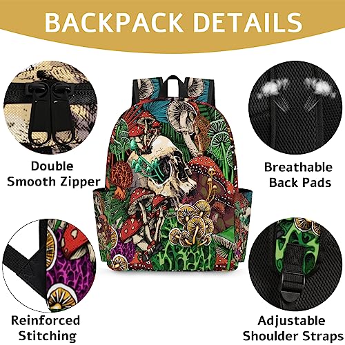 School Backpack for Boys Girls Colorful Mushroom Tropical Goth Sugar Skull Kids Backpack Bookbag for Elementary Preschool Travel Daypack Laptop Backpack Purse for Women Men Teens2