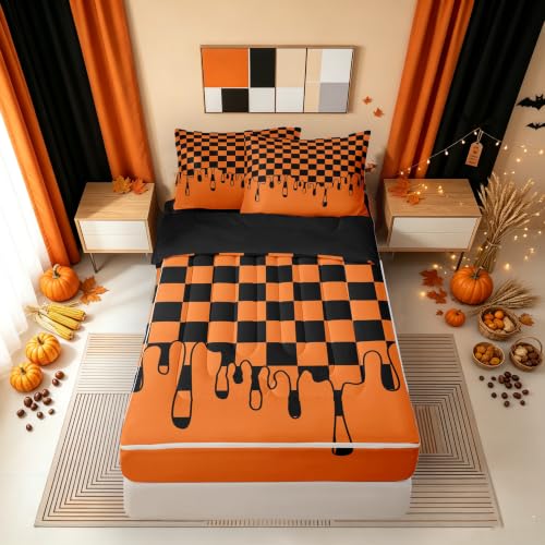 Image of Black and Orange Checkered Zipper Bedding Full Size Checkerboard Drip Gingham Grid Zip Up Bedding Set for Teens Adults, Y2K Modern Geometric Plaid Bed in a Bag Halloween Comforter with Fitted Sheet