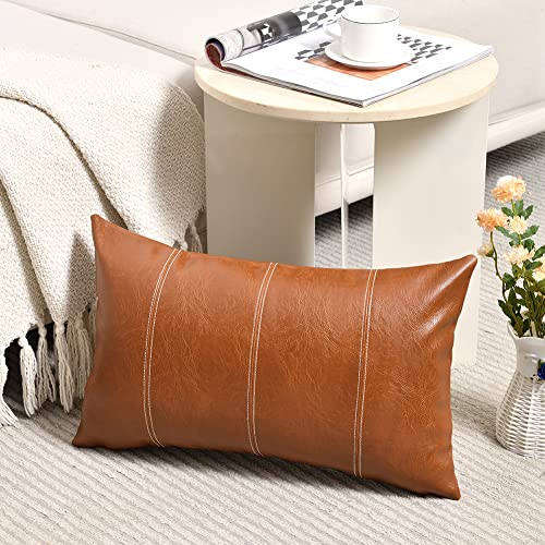 Image of Fancy Homi Brown Boho Lumbar Faux Leather Decorative Throw Pillow Covers 12x20 Inch for Living Room Couch Bed Sofa, Hand Stitched Rectangle Cushion Case 30x50 cm, Rustic Modern Farmhouse Home Decor