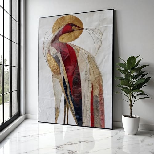 Tableau abstrait d'oiseau rouge et or, toile moderne 30x40cm pour décoration murale