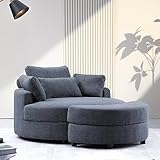 ERYE Oversized Accent Barrel Chair Living Room Reading Chair with 4 Pillows, Soft Linen Upholstered Leisure Club Round Armchair W/Headrest & Storage Ottoman for Home Apartment Office Bedroom Hotel