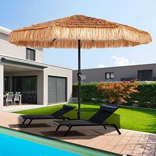 KITADIN 10FT Patio Umbrella Thatched Tiki Outdoor Umbrella with Plug Tropical Hawaiian Style Grass Beach Umbrella with Crank Lift Natural (No Base)