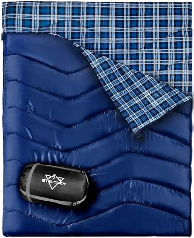 ETGLCOZY Cotton Flannel Double Sleeping Bag for Camping, Backpacking Hiking. Queen Size 2 Person Waterproof Sleeping Bags for Adults Teens. Lightweight with Compression Sack